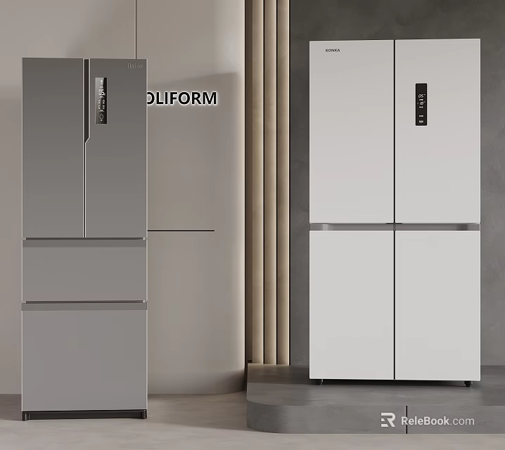 Modern Multi Door Refrigerators in Gray and White with Smart Display Design 3d model