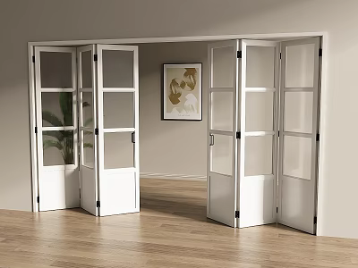 White Glass Panel Folding Doors in Modern Interior Space with Wooden Floor and Green Plant 3d model