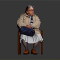 Elderly Woman Sitting On Chair With Beige Coat Blue Polka Dot Bag And Orange Shoes