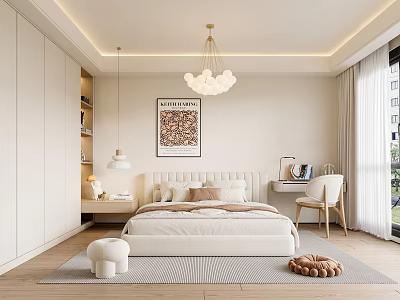 Modern Bedroom Interior Design With White Bed Wardrobe Chandelier And Decorative Painting Rug 3d model
