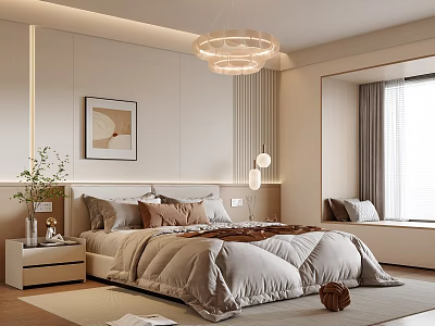 Modern Bedroom Interior Design With Large Bed Plush Pillows Duvet Nightstand Plant Artwork And Chandelier 3d model
