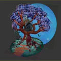 Cartoon Scene With Blue Leaved Tree Small House In Orange Trunk And Large Blue Moon