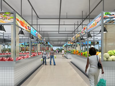 Supermarket Interior With Fresh Meat Fruits Vegetables Aisles Advertising Screens And Customers Shopping 3d model
