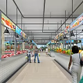 Supermarket Interior With Fresh Meat Fruits Vegetables Aisles Advertising Screens And Customers Shopping