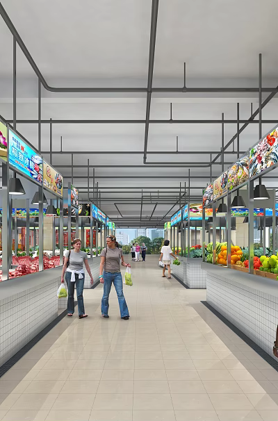 Supermarket Interior With Fresh Meat Fruits Vegetables Aisles Advertising Screens And Customers Shopping 3d model