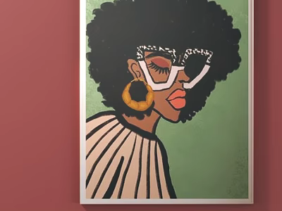 Stylish Female Illustration With Afro Hair White Glasses Yellow Earrings And Striped Top 3d model