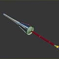 Futuristic Spear Like Weapon With Red Shaft Blue Cone White Stripes And Yellow Tip