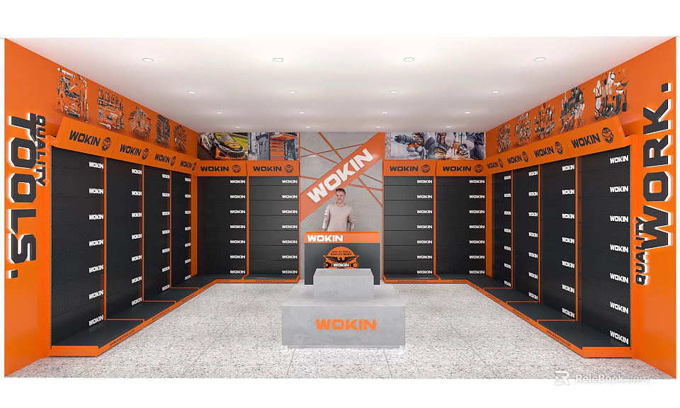 WICKIN Specialty Store Interior With Orange Black Cabinets And Central Display Counter 3d model 