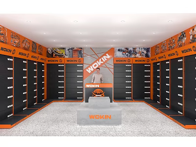 WICKIN Specialty Store Interior With Orange Black Cabinets And Central Display Counter 3d model