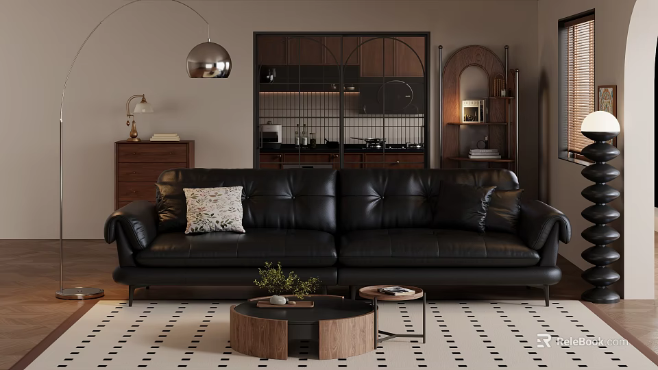 Modern Living Room Black Leather Sofa with Accent Pillows and Round Coffee Table Set 3d model 