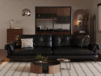 Modern Living Room Black Leather Sofa with Accent Pillows and Round Coffee Table Set 3d model
