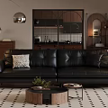 Modern Living Room Black Leather Sofa with Accent Pillows and Round Coffee Table Set