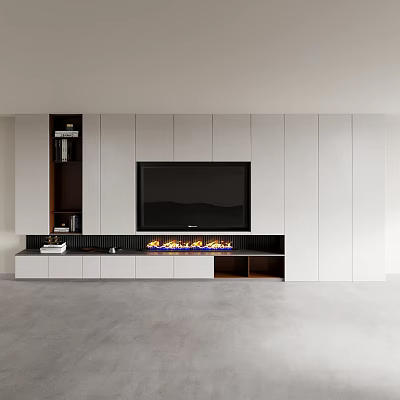 Modern TV Wall Unit Design With TV Fireplace White Cabinets And Dark Open Shelves 3d model