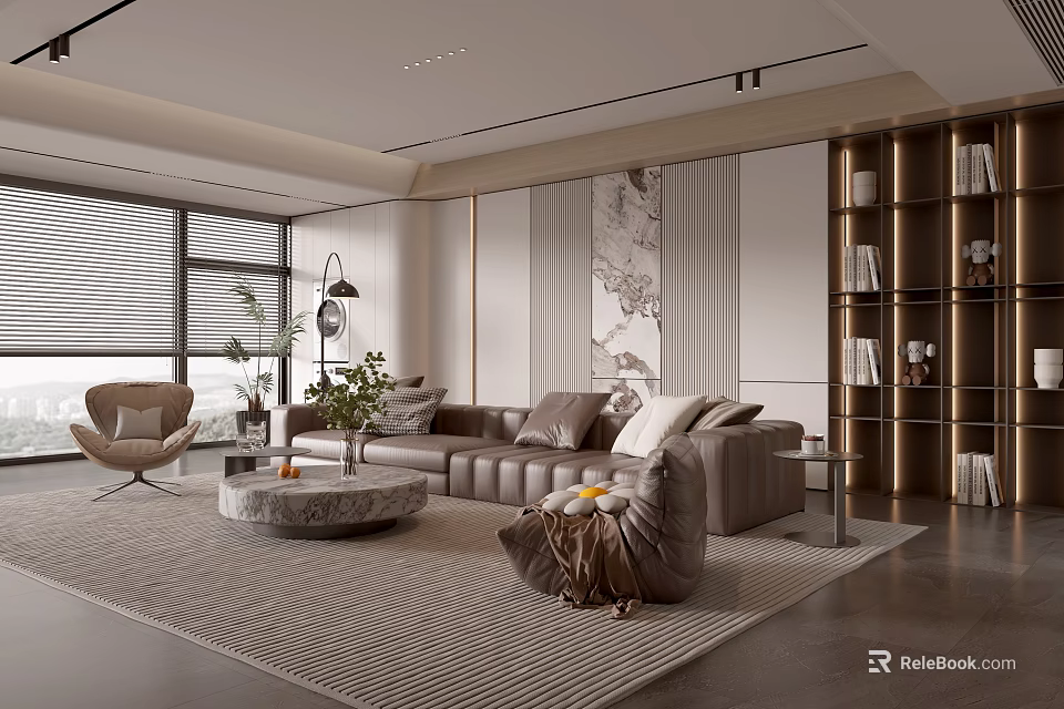 Modern Living Room Interior With Leather Sofa Marble Coffee Table Bookshelf And Decorative Painting 3d model 