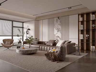 Modern Living Room Interior With Leather Sofa Marble Coffee Table Bookshelf And Decorative Painting 3d model