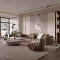 Modern Living Room Interior With Leather Sofa Marble Coffee Table Bookshelf And Decorative Painting