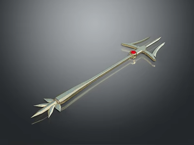 Golden Trident Weapon With Red Gemstone And Pointed End On Reflective Surface 3d model