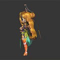 Cute Oriental Fantasy Creature With Golden Long Hair Blue Eyes Green Wings Holding Lantern