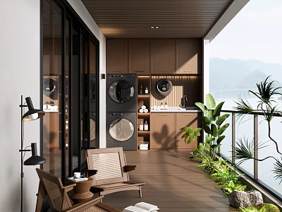 Home Balcony Design With Wooden Flooring Outdoor Seating Washing Machine Green Plants And Mountain View 3d model