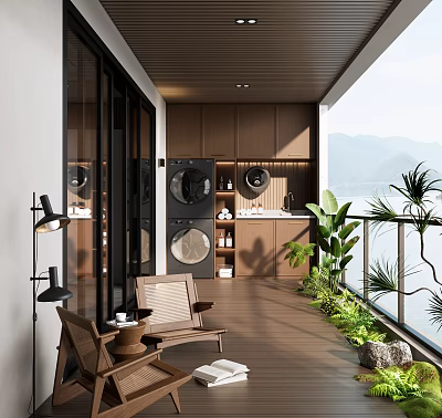 Home Balcony Design With Wooden Flooring Outdoor Seating Washing Machine Green Plants And Mountain View 3d model