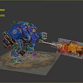 Blue Mech Warrior Character With Flamethrower And Gun Firing Flames On Textured Base
