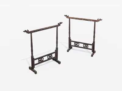 Two Traditional Wooden Coat Racks With Dark Carved Structure And Classic Design 3d model