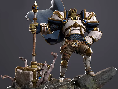 Mythic Game Character Holding Staff in Gold White Armor with Blue Gemstones Standing on Rocks 3d model
