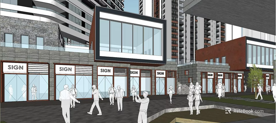 Modern Commercial Street With Glass Facades Shop Signs Pedestrians And Tall Buildings 3d model 