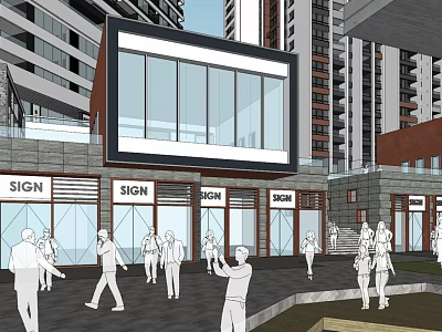 Modern Commercial Street With Glass Facades Shop Signs Pedestrians And Tall Buildings 3d model