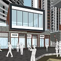 Modern Commercial Street With Glass Facades Shop Signs Pedestrians And Tall Buildings