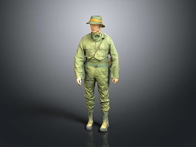 Military Character 3D Model In Green Uniform With Green Hat On Gray Gradient Background 3d model