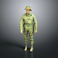 Military Character 3D Model In Green Uniform With Green Hat On Gray Gradient Background
