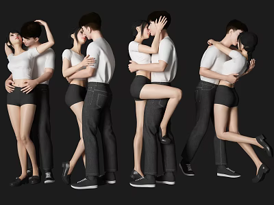 Two People Hugging In Various Poses With Casual Outfits And Footwear 3d model