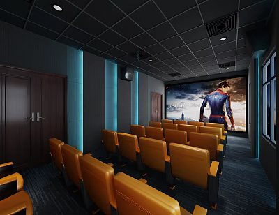Modern Cinema With Rows Of Comfortable Yellow Seats And Large Screen Showing Superhero Movie 3d model