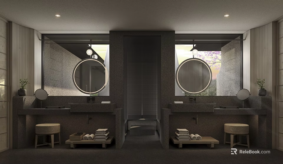 Hotel Guest Room Bathroom Featuring Double Vanities Round Mirrors Stone Walls Shower Towels And Stools 3d model 