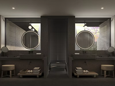 Hotel Guest Room Bathroom Featuring Double Vanities Round Mirrors Stone Walls Shower Towels And Stools 3d model