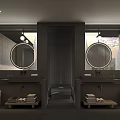 Hotel Guest Room Bathroom Featuring Double Vanities Round Mirrors Stone Walls Shower Towels And Stools