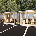 Row of Outdoor Pergolas With Wooden Structure White Top And Green Trees Around