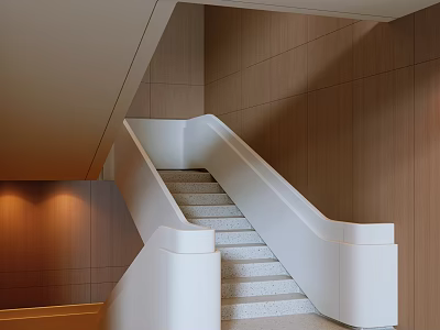 Modern Staircase Design With White Railing And Wooden Wall Panels 3d model
