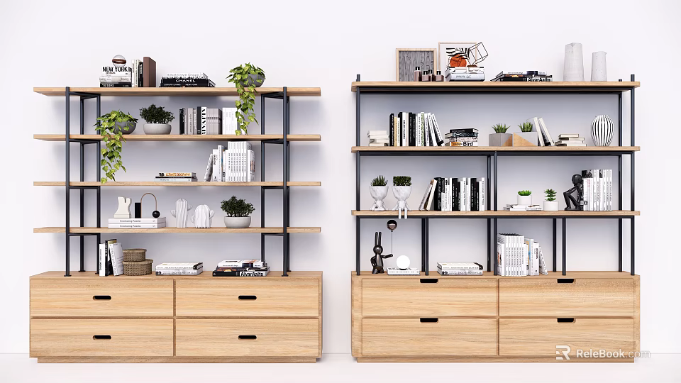 Modern Wooden Bookcase With Open Shelves And Drawers Featuring Books Potted Plants And Decorative Items 3d model 