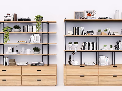 Modern Wooden Bookcase With Open Shelves And Drawers Featuring Books Potted Plants And Decorative Items 3d model