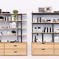 Modern Wooden Bookcase With Open Shelves And Drawers Featuring Books Potted Plants And Decorative Items