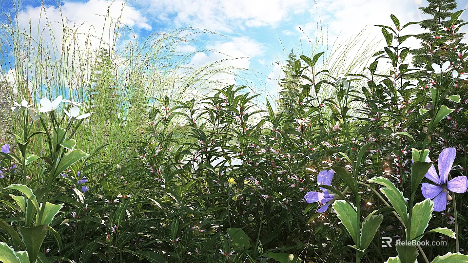 Green Leafy Shrubs With Purple Flowers Growing Under Blue Sky And White Clouds 3d model 