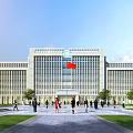 Modern Office Building With Red Flag Lawn Walkway And People Walking