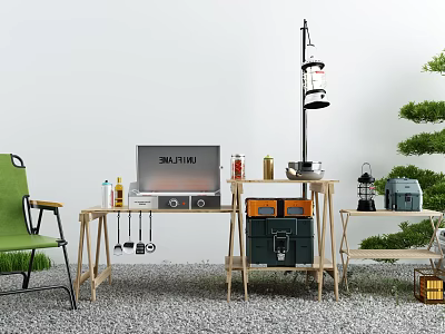 Wooden Outdoor Table with Green Folding Chair Black Lamp Small Potted Plant on Gravel Ground 3d model