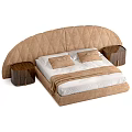 Brown Curved Upholstered Double Bed With Wooden Nightstand And White Bedding