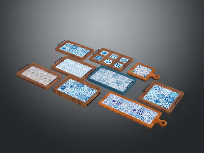 Wooden Stone Trays With Decorative Tile Patterns For Home And Kitchen Decoration 3d model