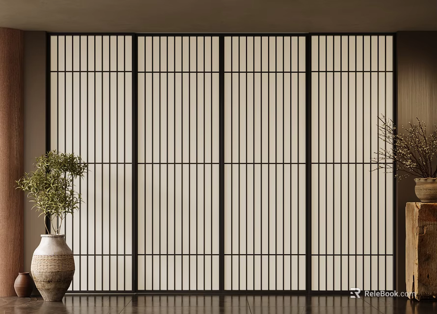 Modern Interior Sliding Doors With Black Frames Vertical Slats And Decorative Plants 3d model 