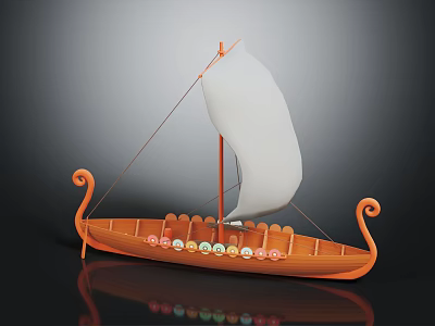 Ancient Style Decorative Boat With Orange Hull White Sail And Colorful Round Objects 3d model