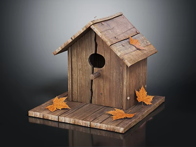 Wooden Birdhouse For Birds With Autumn Maple Leaves On Cracked Wooden Base 3d model